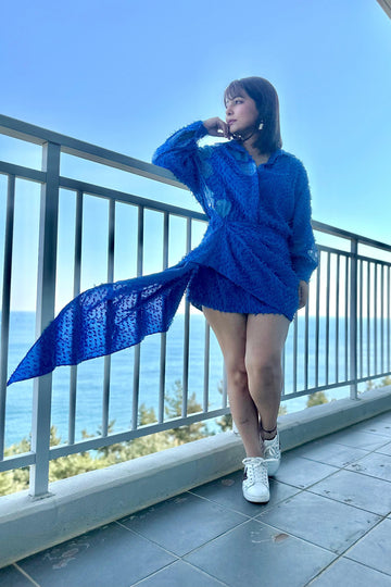 HINA KHAN X CRUNK BLUE FLOWER EMBROIDERED MINI DRESS