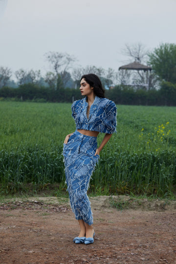 CRUNK LIGHT BLUE WASH FRINGED DENIM CROPPED JACKET