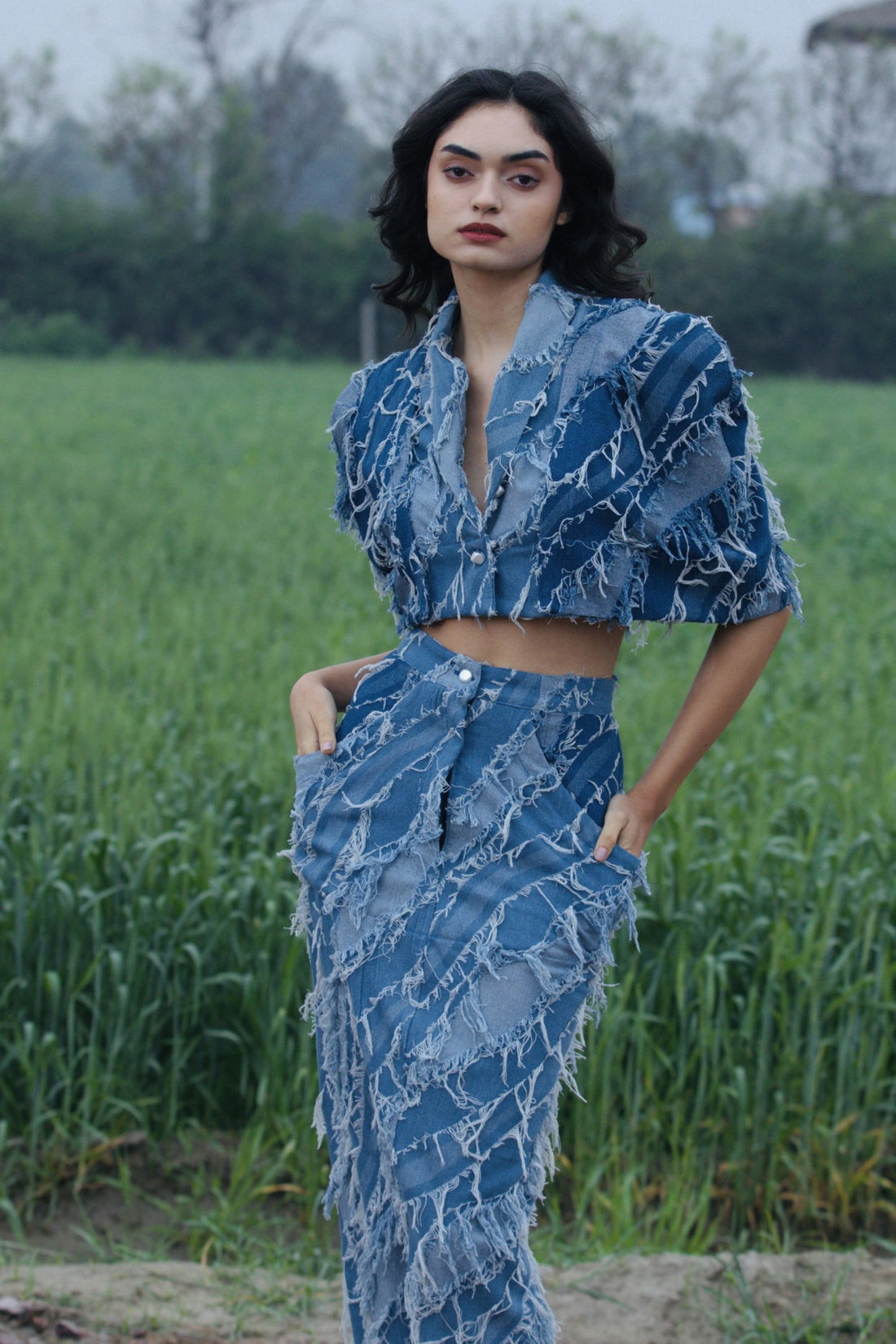 CRUNK LIGHT BLUE WASH FRINGED DENIM CROPPED JACKET