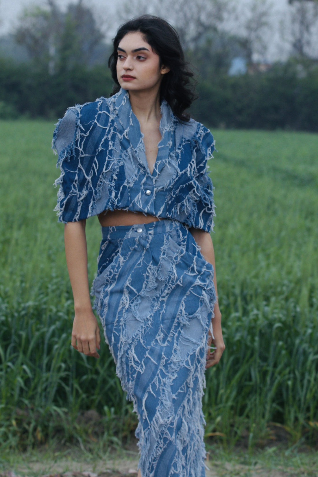 CRUNK LIGHT BLUE WASH FRINGED DENIM CO-ORD