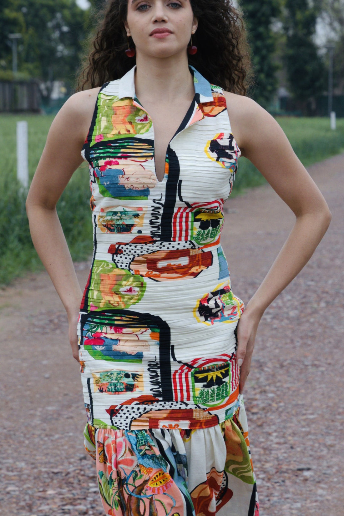 CRUNK VARICOLORED PAINTING PRINTED RUCHED MIDI DRESS