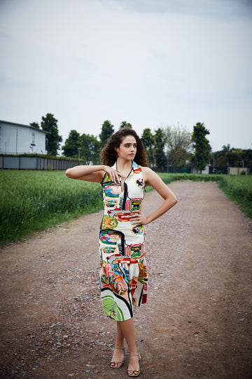 CRUNK VARICOLORED PAINTING PRINTED RUCHED MIDI DRESS