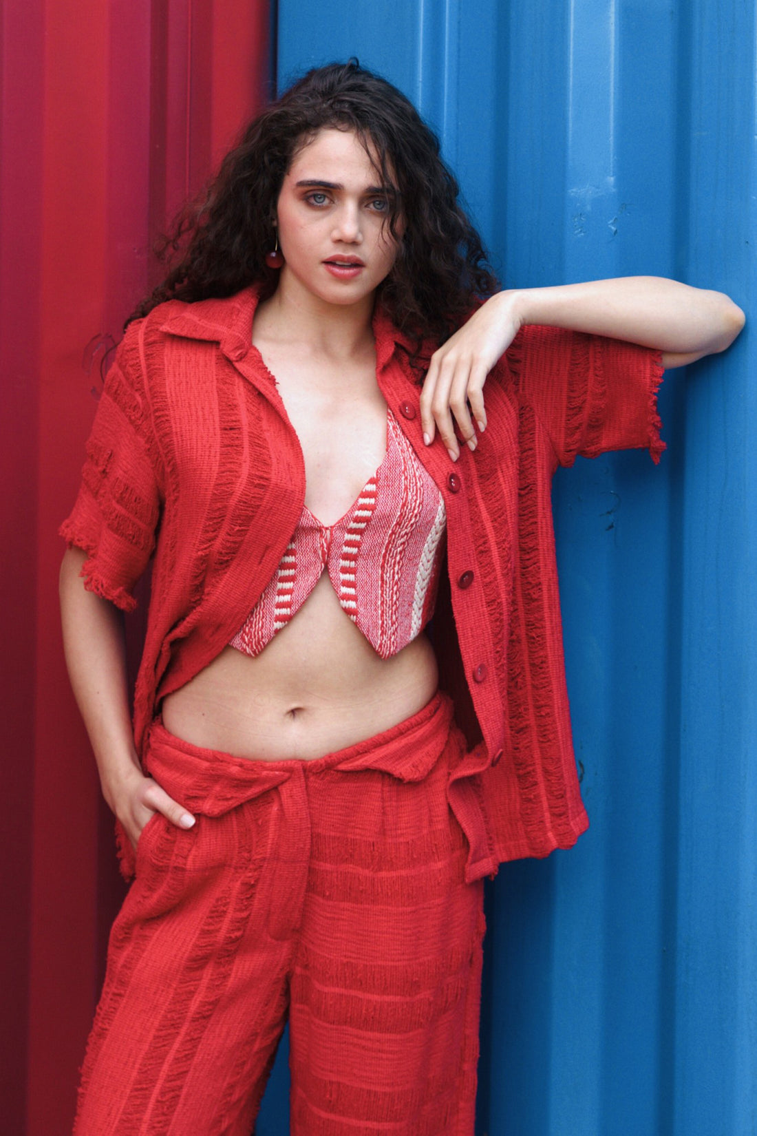 CRUNK RED SHEER JACQUARD STRIPE CO-ORD (SHIRT, PANTS AND VEST)