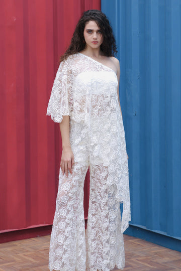 CRUNK IVORY FLORAL LACED CO-ORD (ASYMMETRICAL TOP WITH PANTS)