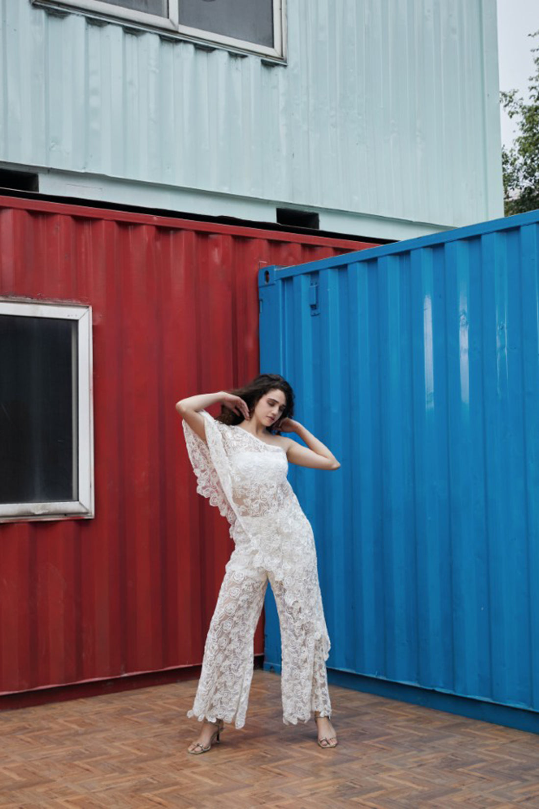CRUNK IVORY ASYMMETRICAL FLORAL LACED TOP