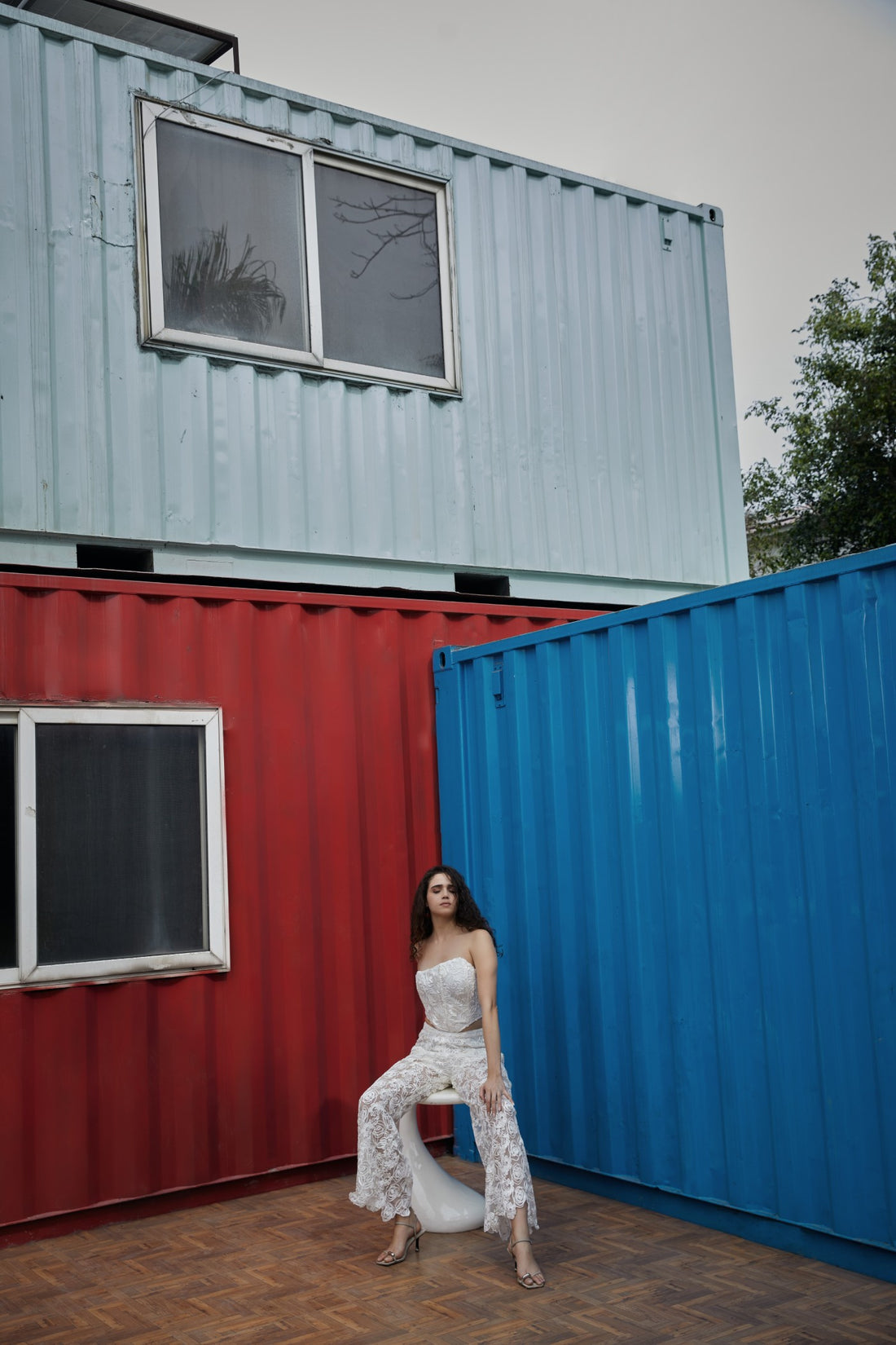 CRUNK IVORY FLORAL LACED CO-ORD (ASYMMETRICAL TOP WITH PANTS)