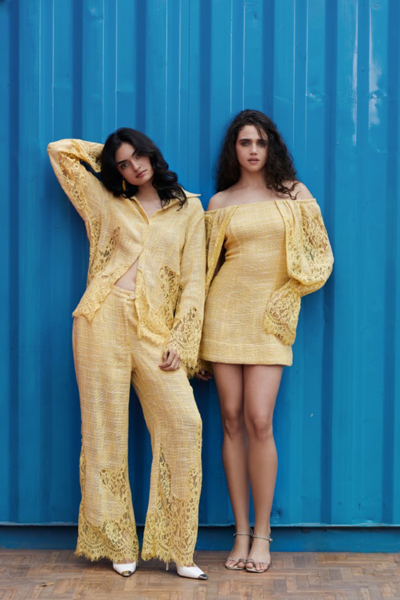 CRUNK YELLOW OFF SHOULDER LACE MIX MINI DRESS