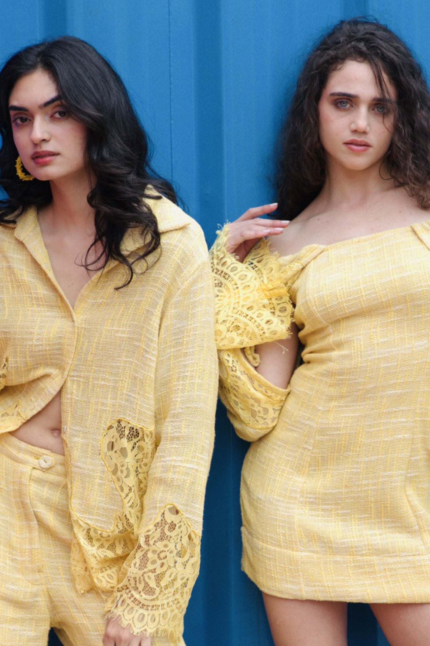 CRUNK YELLOW OFF SHOULDER LACE MIX MINI DRESS