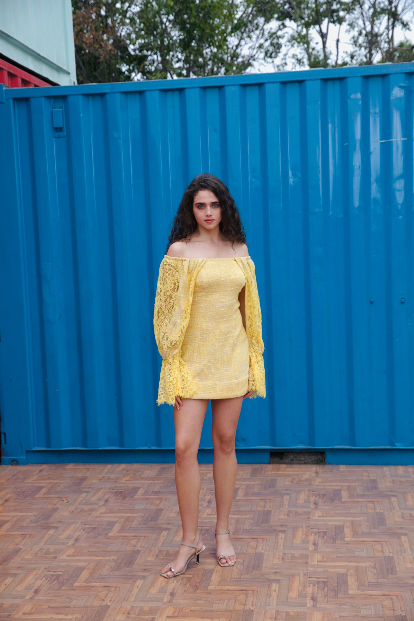 CRUNK YELLOW OFF SHOULDER LACE MIX MINI DRESS