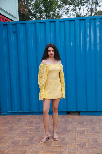 CRUNK YELLOW OFF SHOULDER LACE MIX MINI DRESS