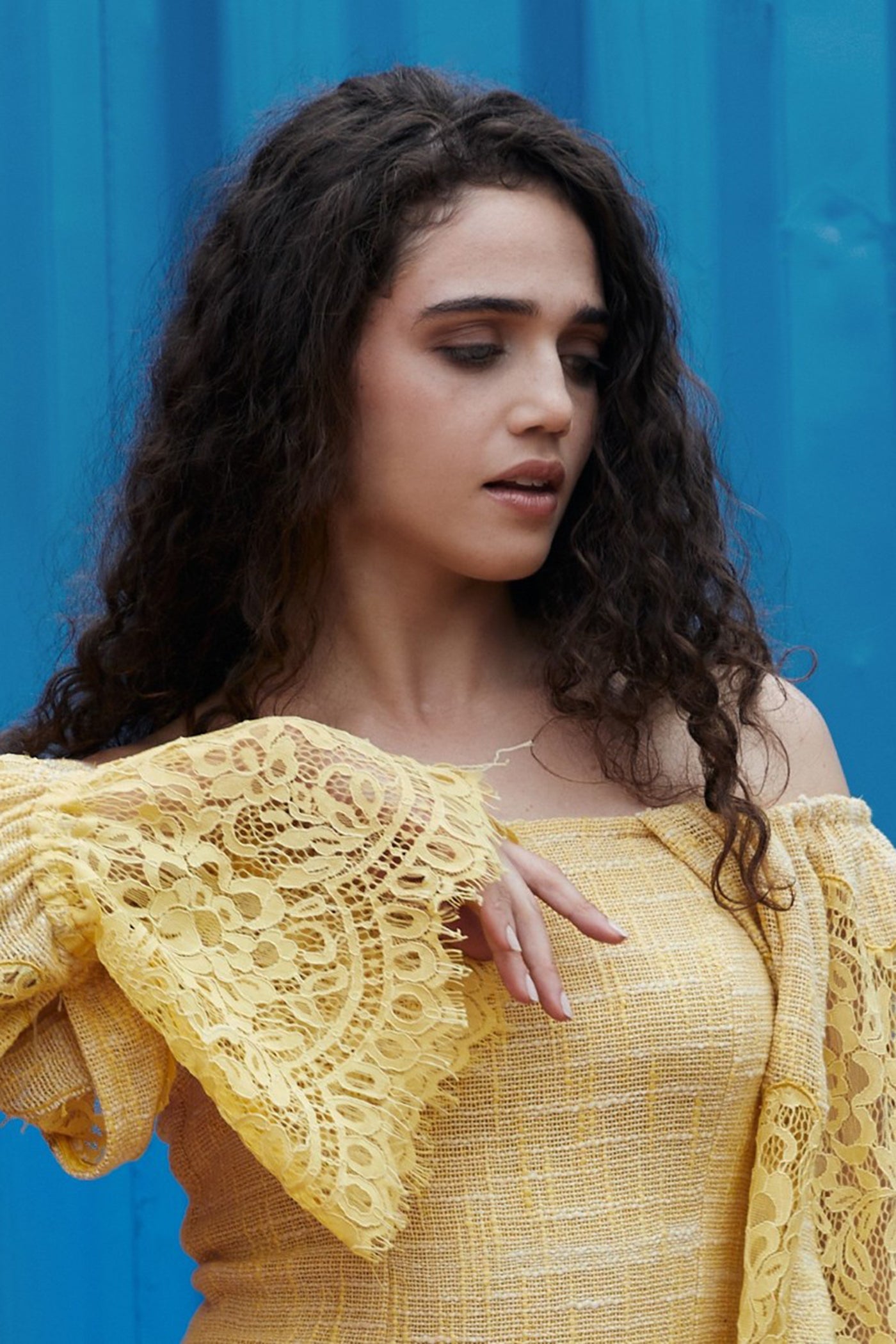 CRUNK YELLOW OFF SHOULDER LACE MIX MINI DRESS