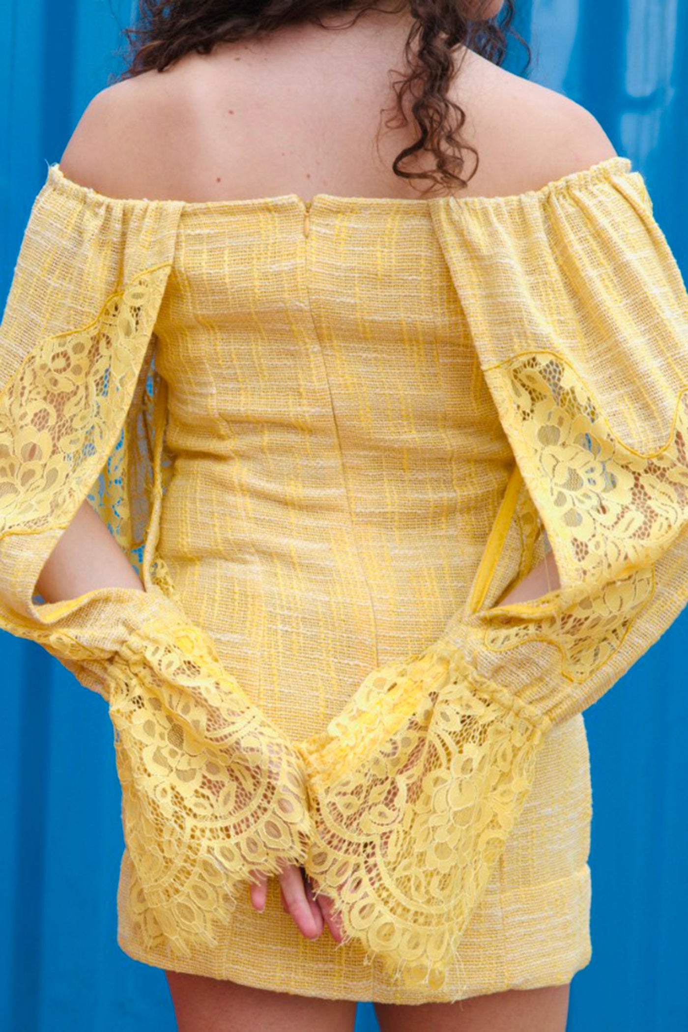 CRUNK YELLOW OFF SHOULDER LACE MIX MINI DRESS