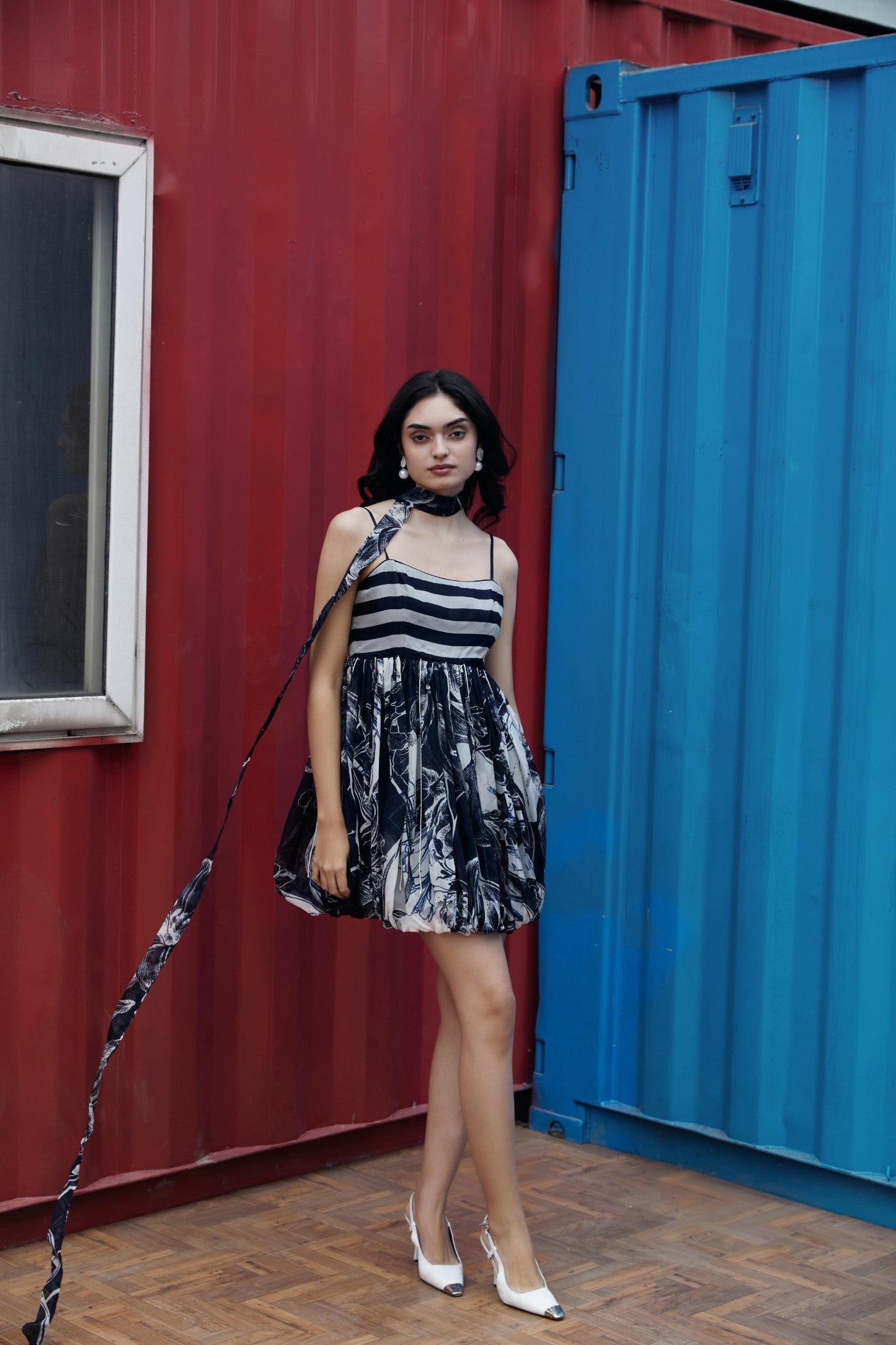 CRUNK BLUE-WHITE ABSTRACT PRINTED DRESS