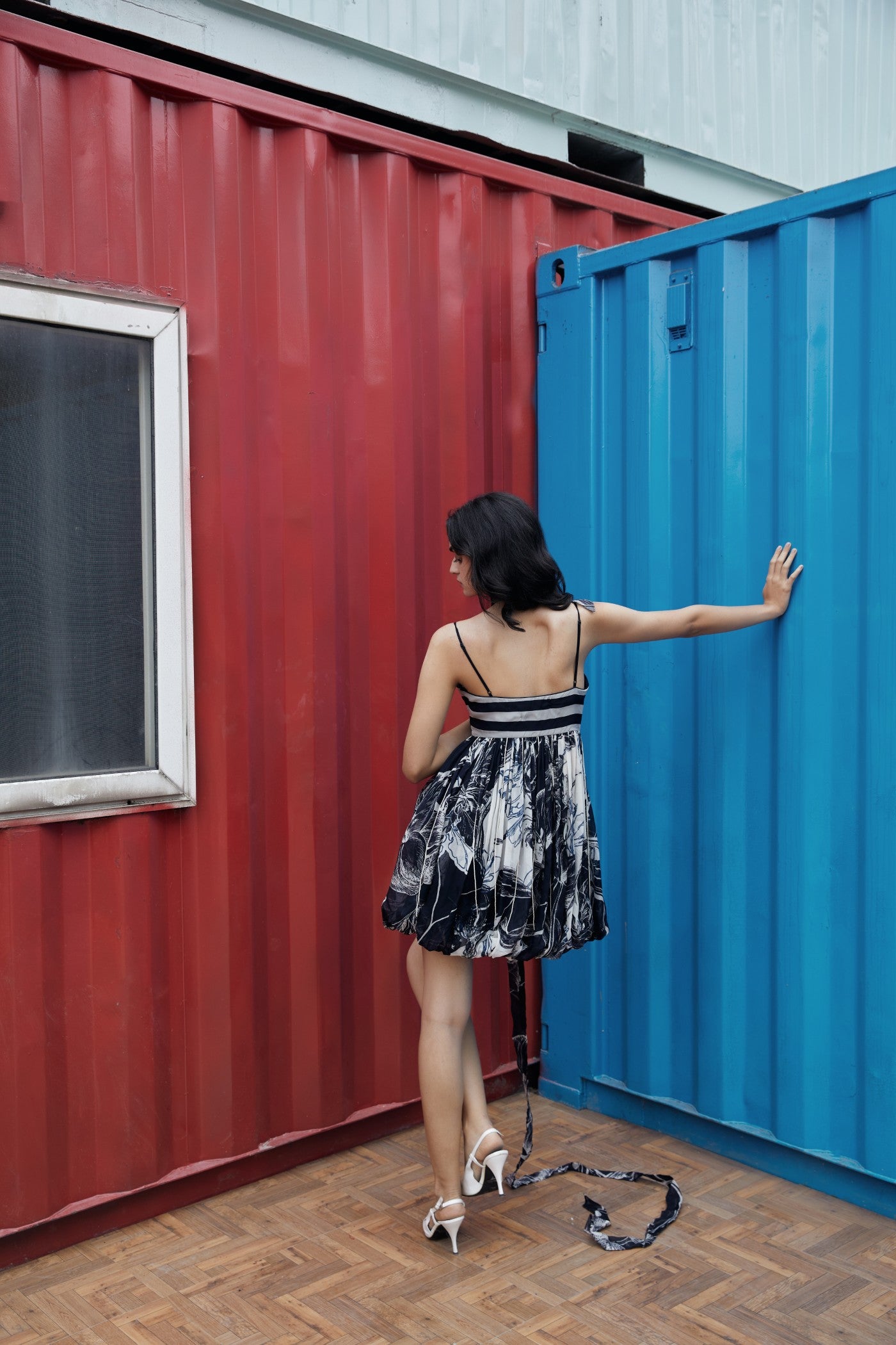 CRUNK BLUE-WHITE ABSTRACT PRINTED DRESS