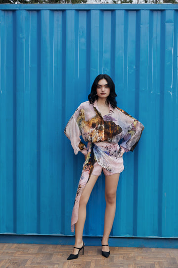 CRUNK CORAL SCENIC PRINTED MINI DRESS