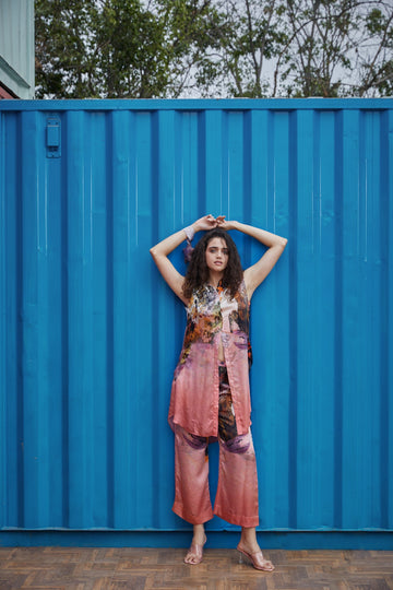 CRUNK CORAL SCENIC PRINTED CO-ORD (LONGLINE SHIRT WITH PANTS)