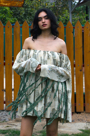 CRUNK OLIVE SELF SHEER JACQUARD OFFSHOULDER DRESS