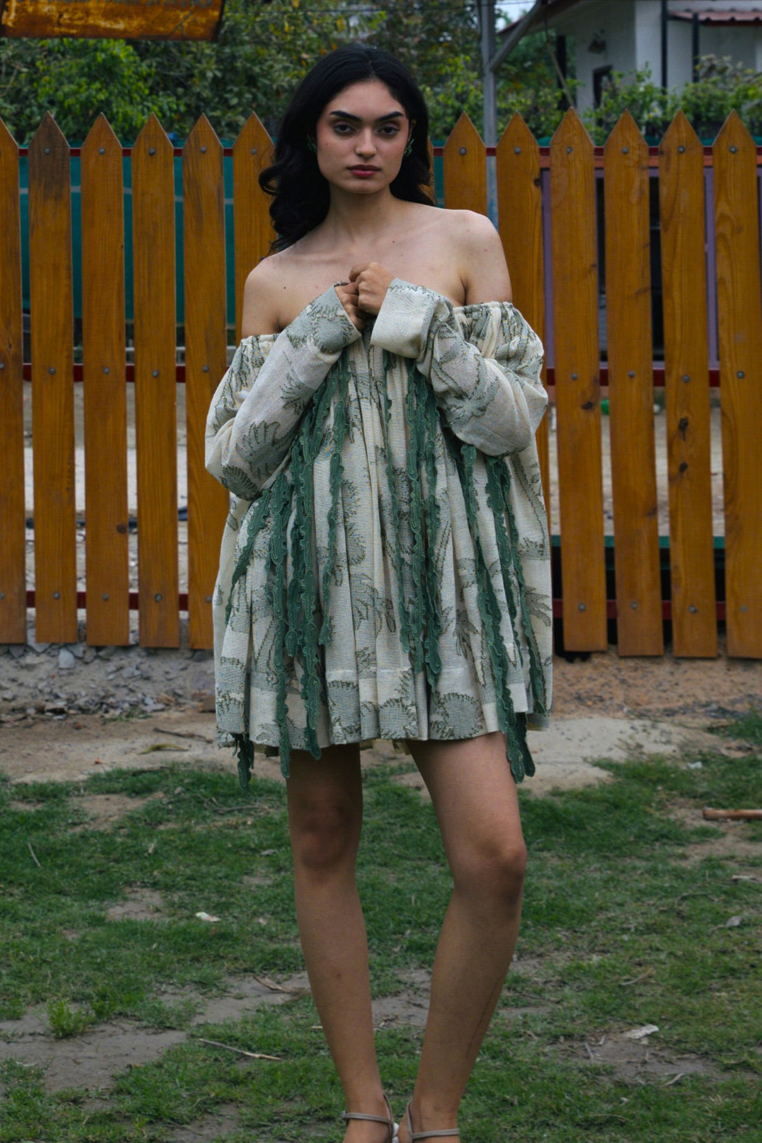 CRUNK OLIVE SELF SHEER JACQUARD OFFSHOULDER DRESS