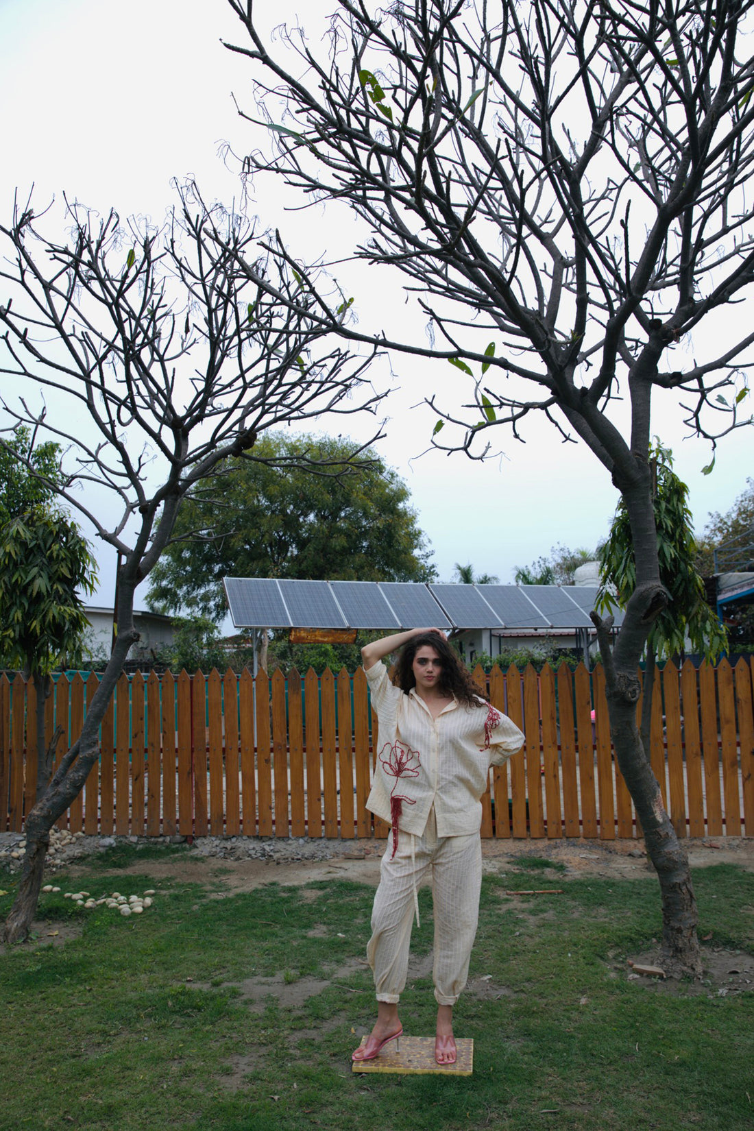 CRUNK ECRU STRIPED EMBELLISHED CO-ORD (SHIRT WITH PANTS)