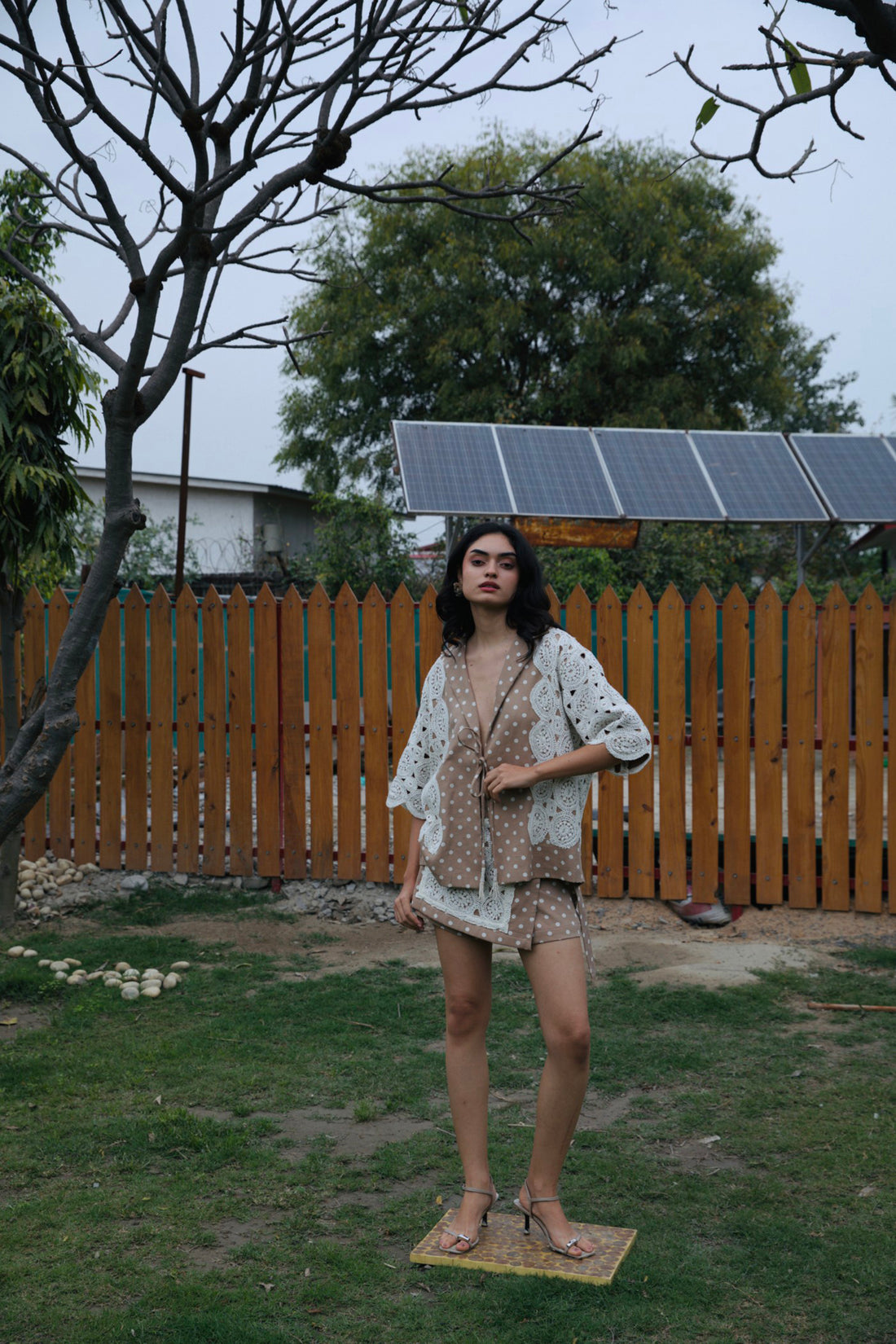 CRUNK TAN POLKA DOT CROCHET EMBELLISHED CO-ORD (SHIRT WITH SKORTS)