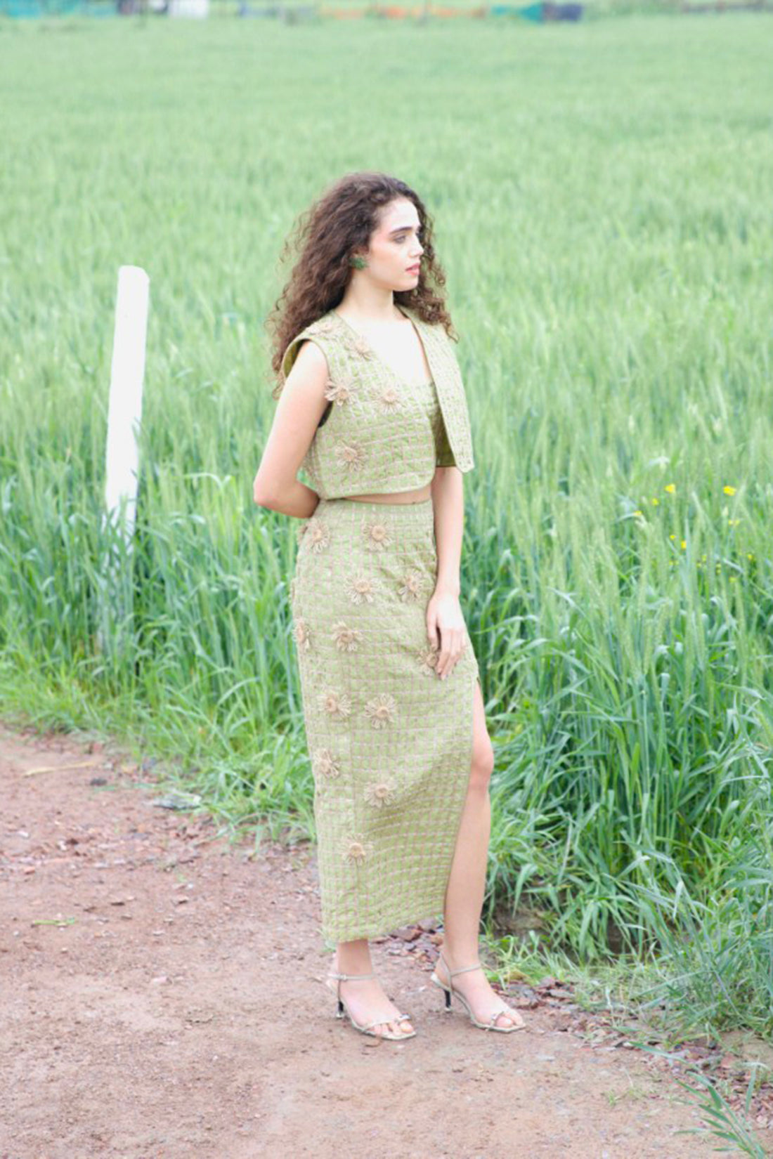 CRUNK LUSH GREEN JUTE SURFACING VEST WITH SKIRT CO-ORD (VEST, BUSTIER AND SKIRT)