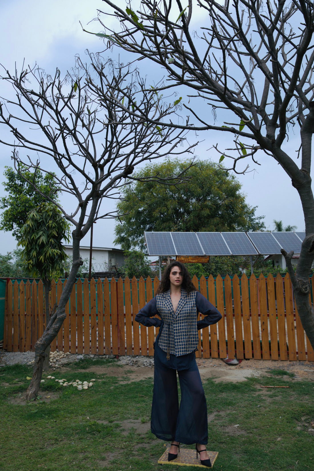 CRUNK METALLIC BLUE JUTE SURFACING VEST SHIRT CO-ORD (VEST SHIRT AND PANTS)