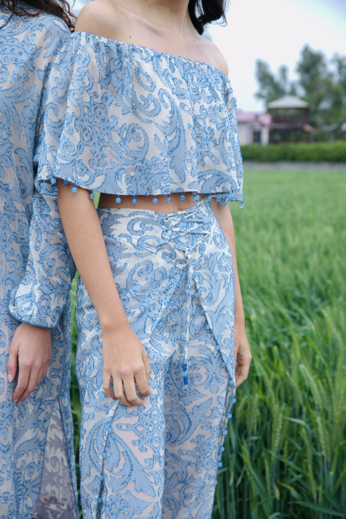 CRUNK MISTY BLUE SELF SHEER  JACQUARD HAREM PANTS