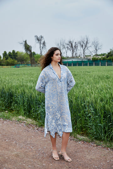 CRUNK MISTY BLUE SELF SHEER JACQUARD OVERSIZED DRESS