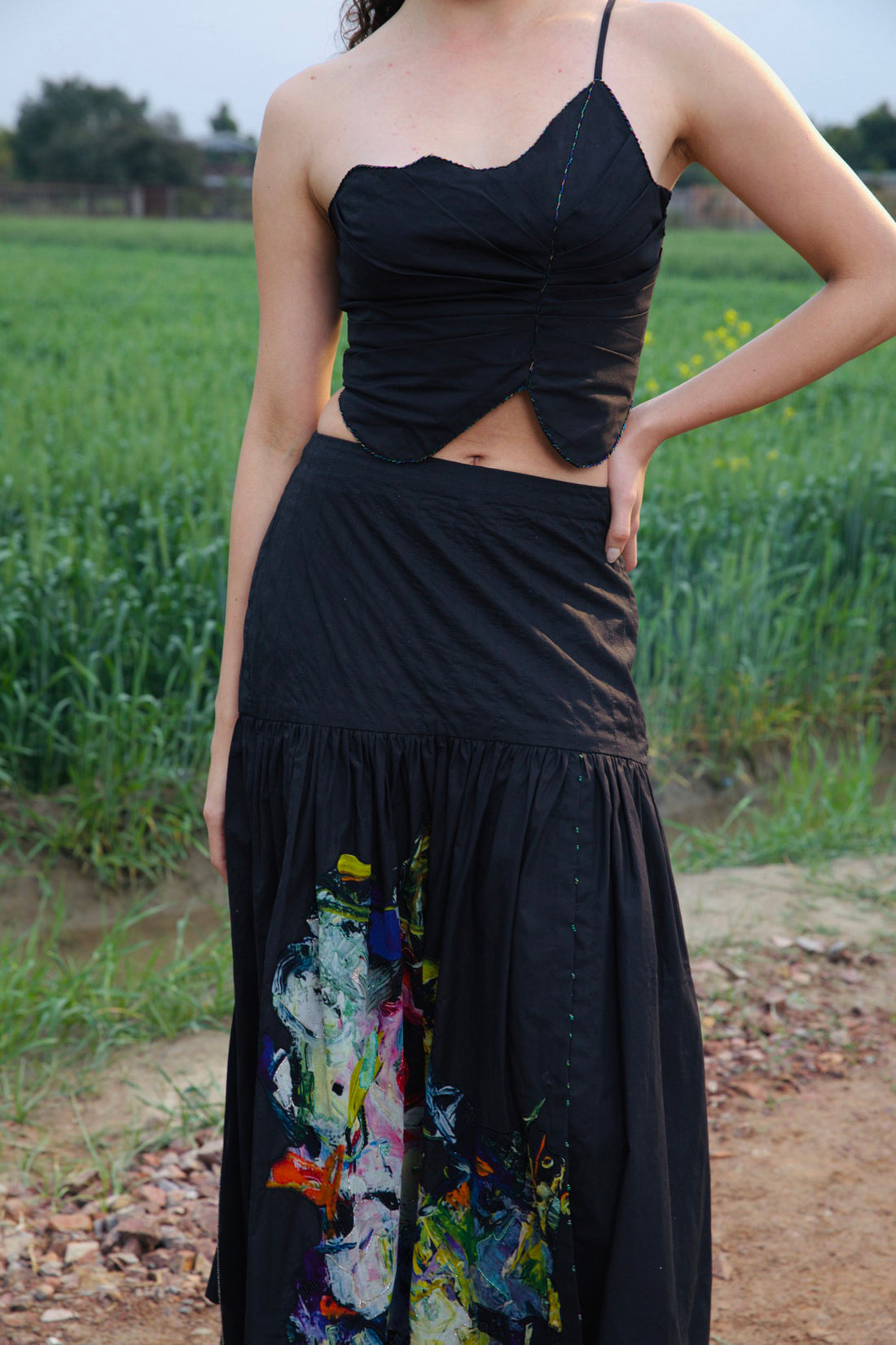 CRUNK BLACK EMBROIDERED FLORAL CO-ORD (CROP TOP AND SKIRT)