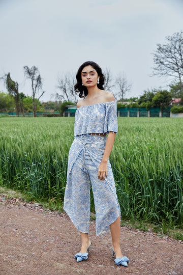CRUNK MISTY BLUE SELF SHEER JACQUARD OFFSHOULDER TOP
