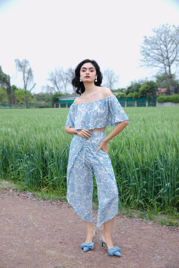CRUNK MISTY BLUE SELF SHEER JACQUARD HAREM PANTS