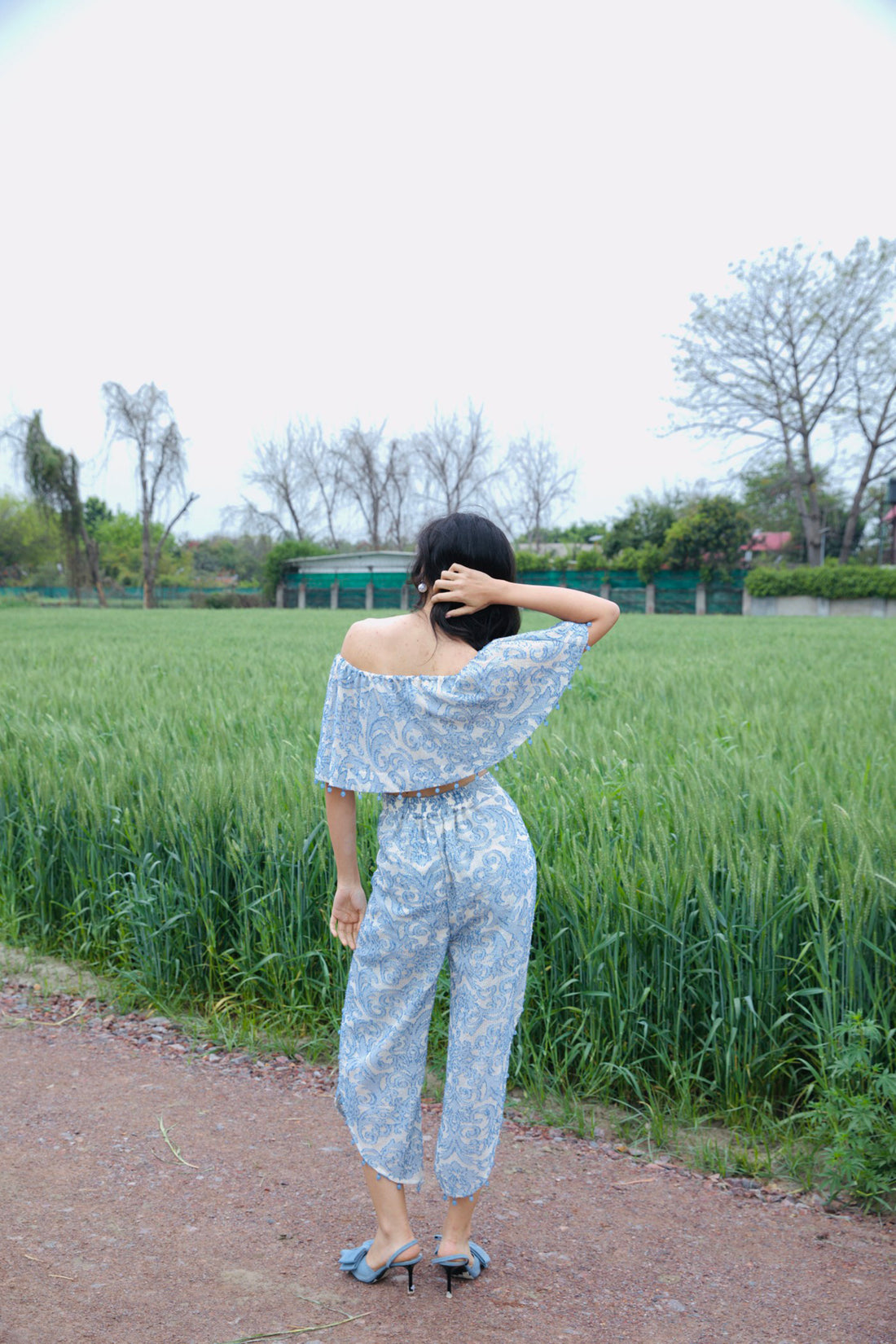CRUNK MISTY BLUE SELF SHEER  JACQUARD CO-ORD (TOP WITH HAREM PANTS)