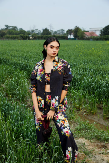 CRUNK BLACK FLORAL PRINTED CO-ORD ( PANTS, BUSTIER AND SHIRT)