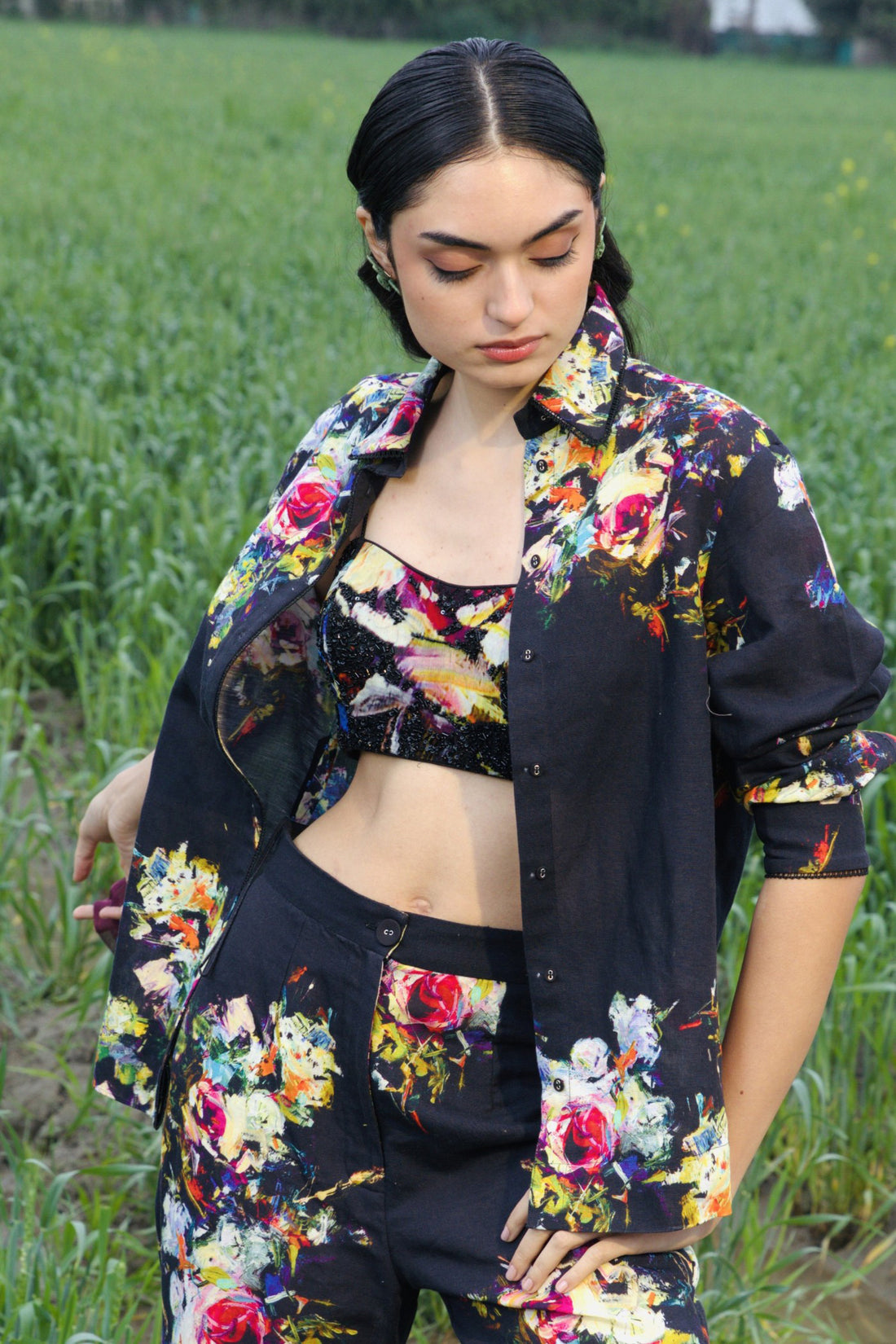 CRUNK BLACK FLORAL PRINTED SHIRT