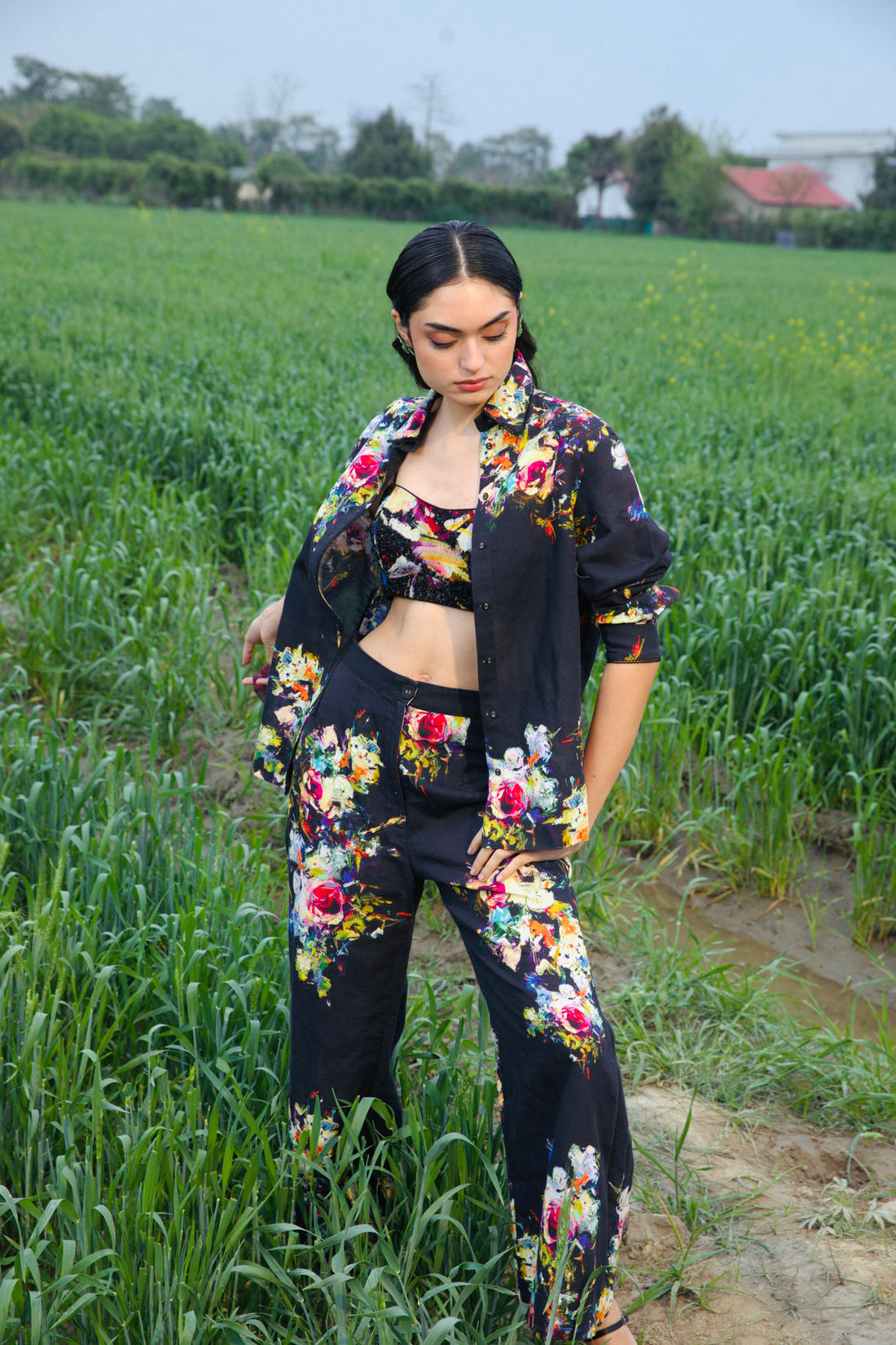 CRUNK BLACK FLORAL PRINTED CO-ORD ( PANTS, BUSTIER AND SHIRT)