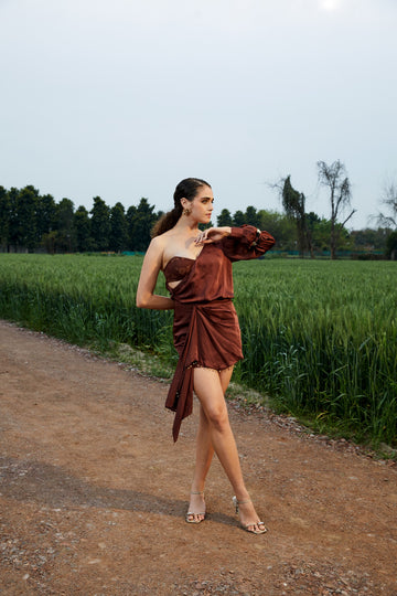 CRUNK MOCHA ONE SHOULDER MINI DRESS