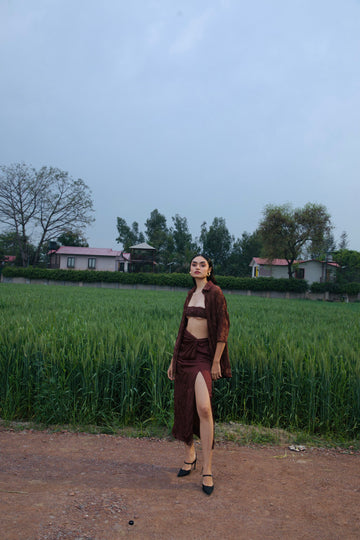 CRUNK MOCHA EMBELLISHED CO-ORD (SHIRT WITH DRAPE SKIRT)