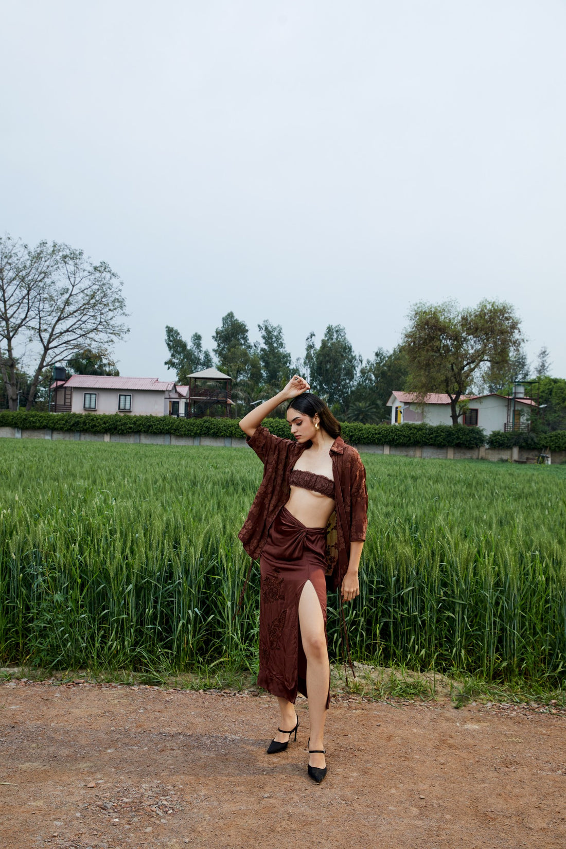 CRUNK MOCHA EMBELLISHED CO-ORD (SHIRT WITH DRAPE SKIRT)