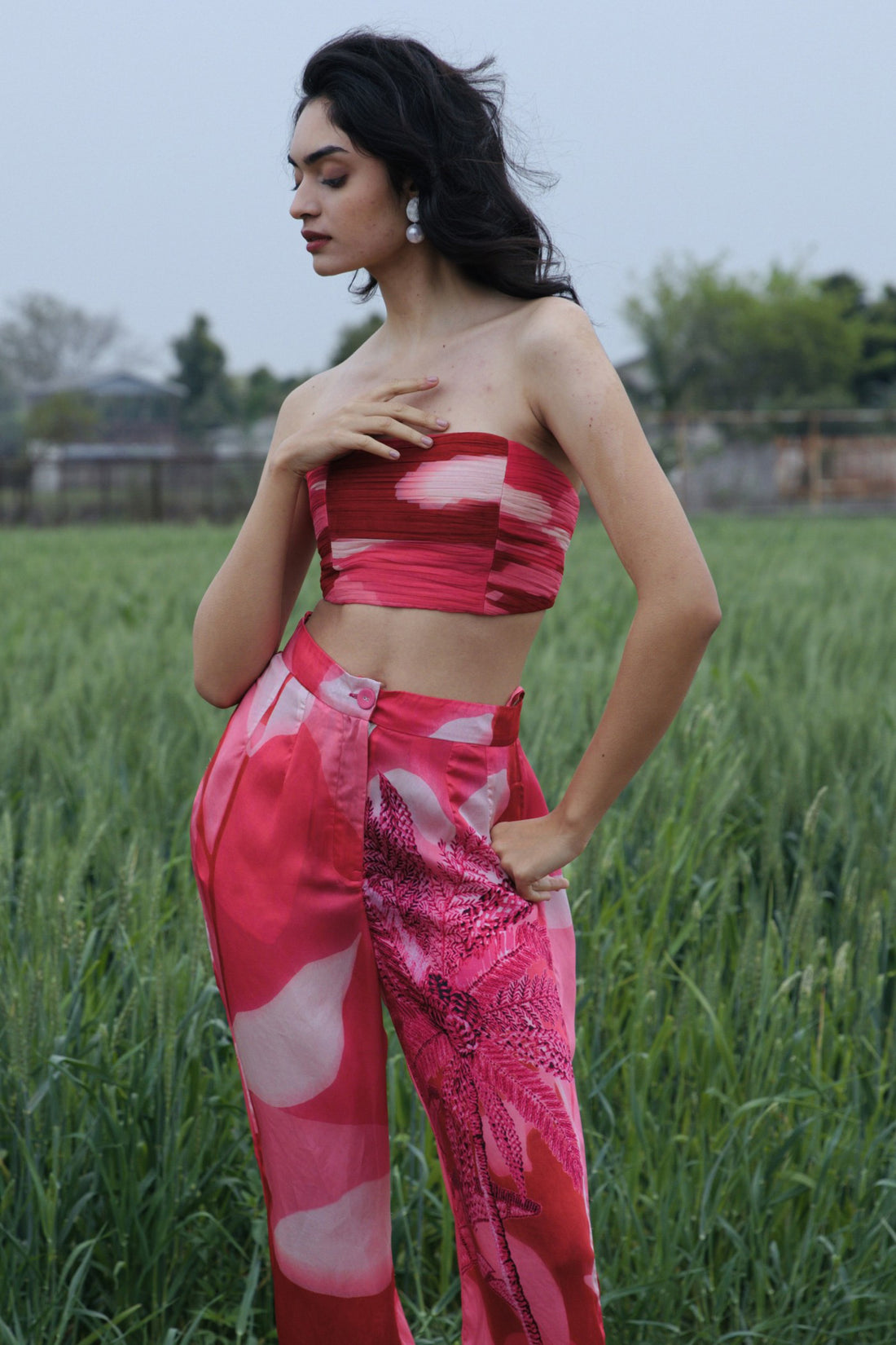 CRUNK PINK PALM CO-ORD (PANTS AND BRALETTE)