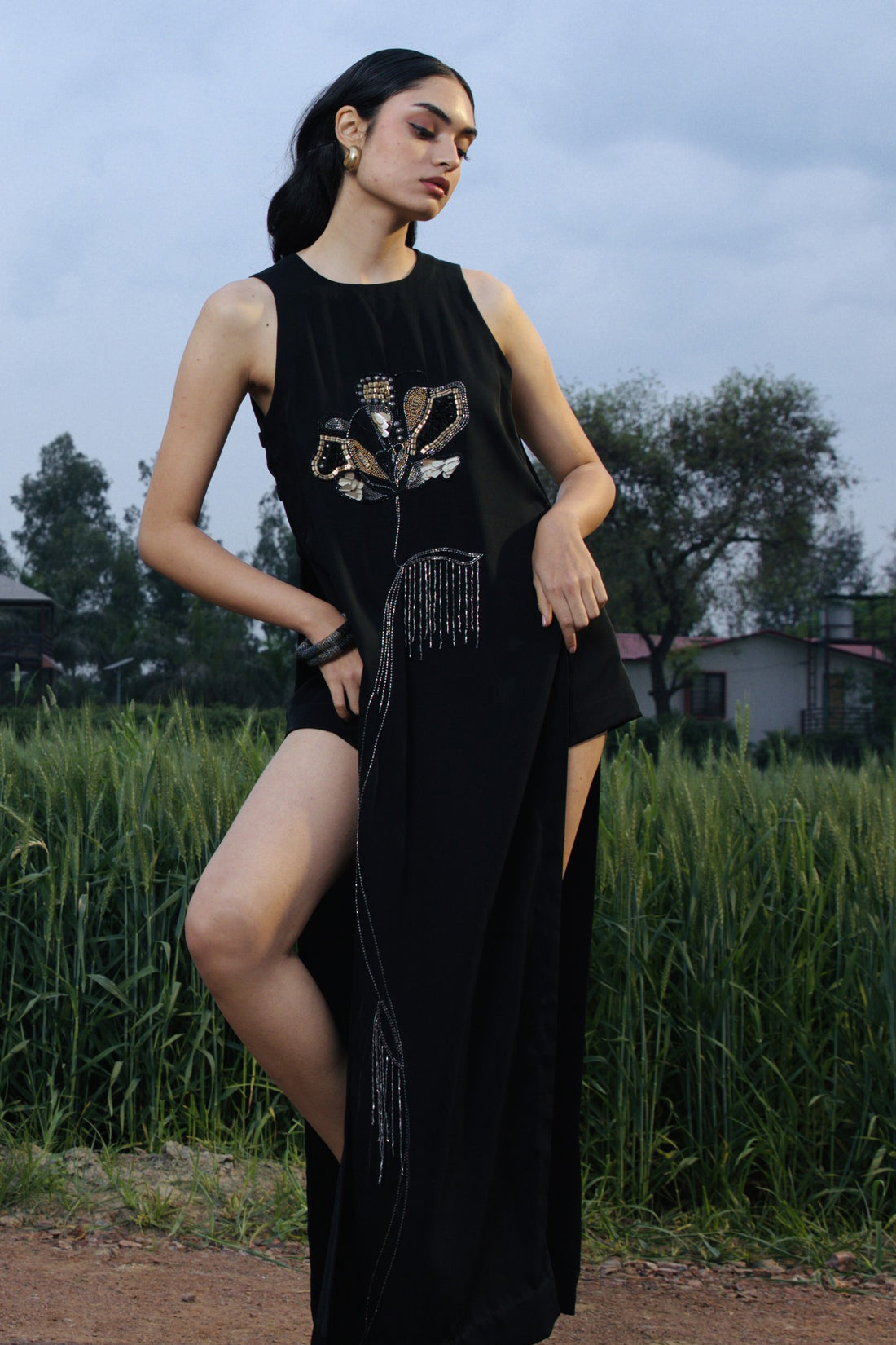 CRUNK BLACK EMBELLISHED LONG SHIRT CO-ORD