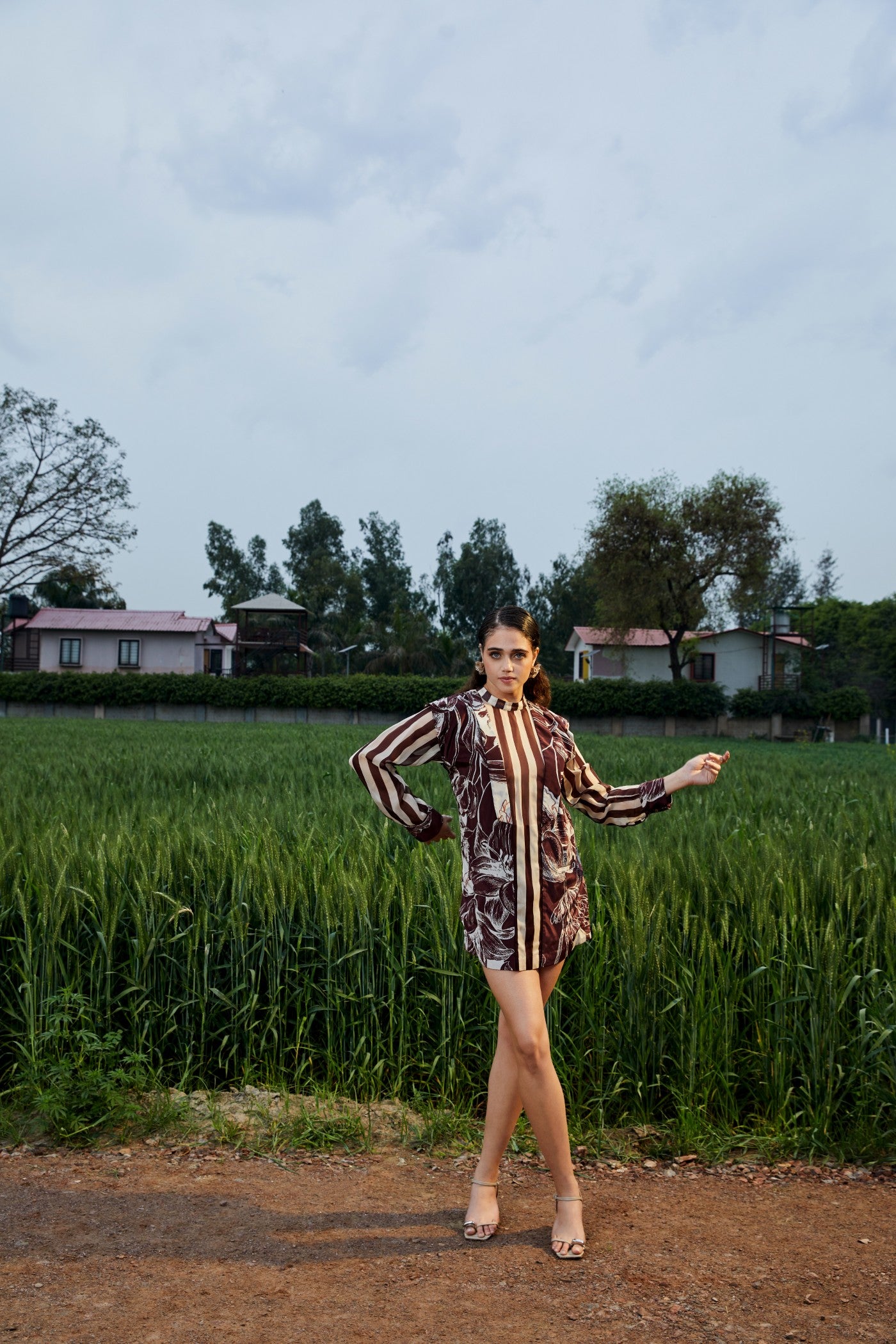 CRUNK BROWN ABSTRACT PRINTED SHEER BLAZER DRESS