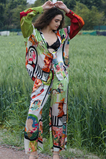 CRUNK VARICOLORED PAINTING PRINTED EMBELLISHED CO-ORD (SHIRT AND PANTS)