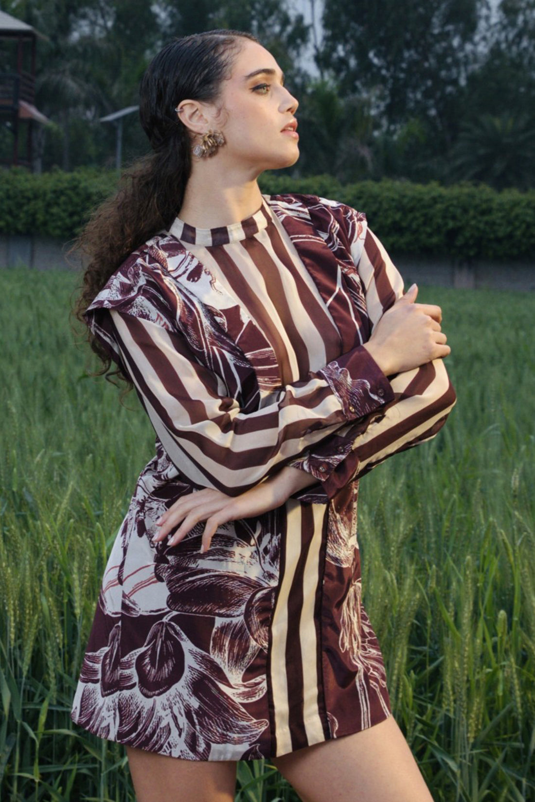 CRUNK BROWN ABSTRACT PRINTED SHEER BLAZER DRESS