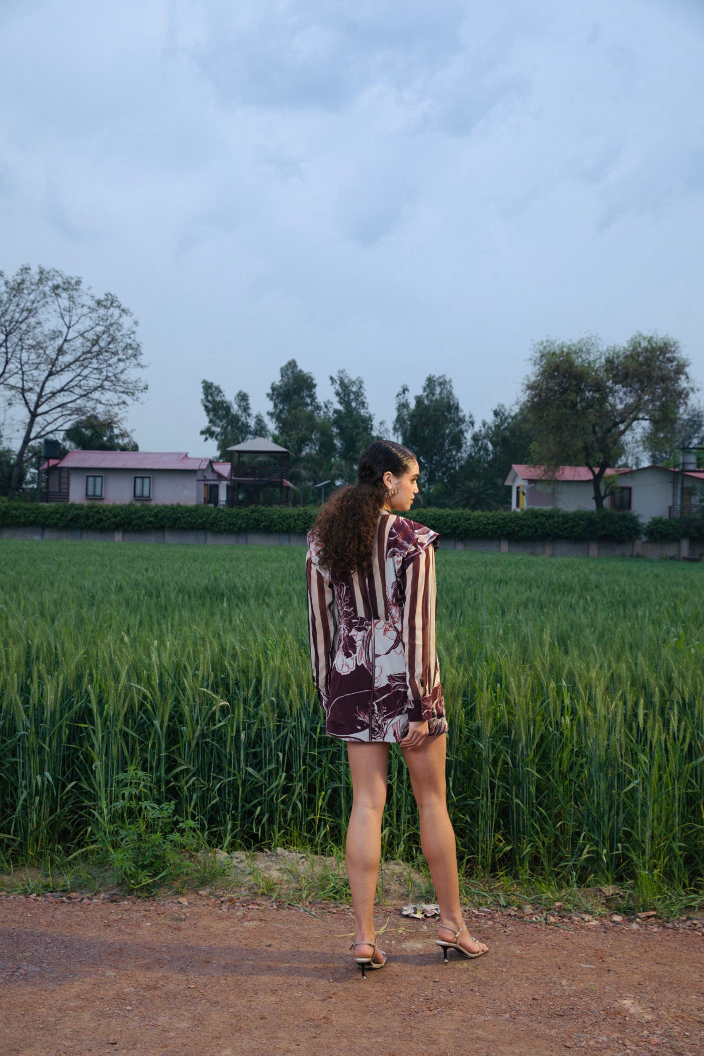 CRUNK BROWN ABSTRACT PRINTED SHEER BLAZER DRESS