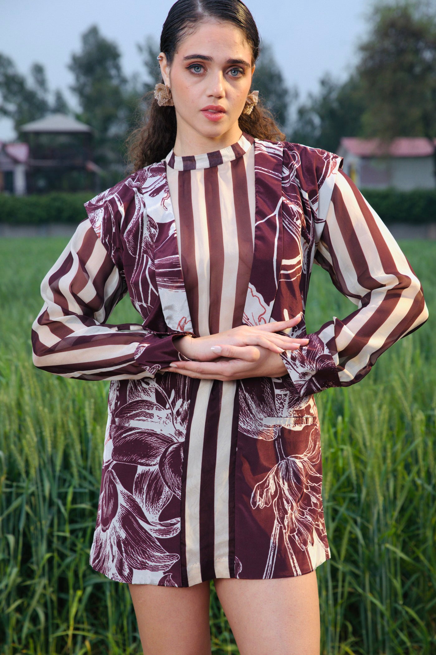 CRUNK BROWN ABSTRACT PRINTED SHEER BLAZER DRESS