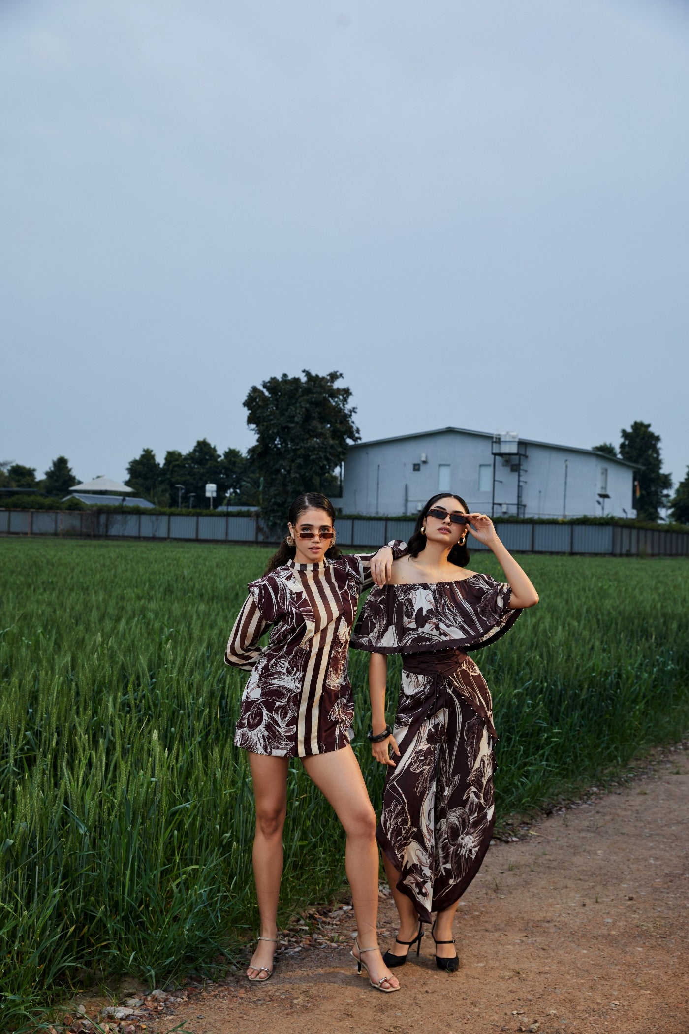 CRUNK BROWN ABSTRACT PRINTED SHEER BLAZER DRESS