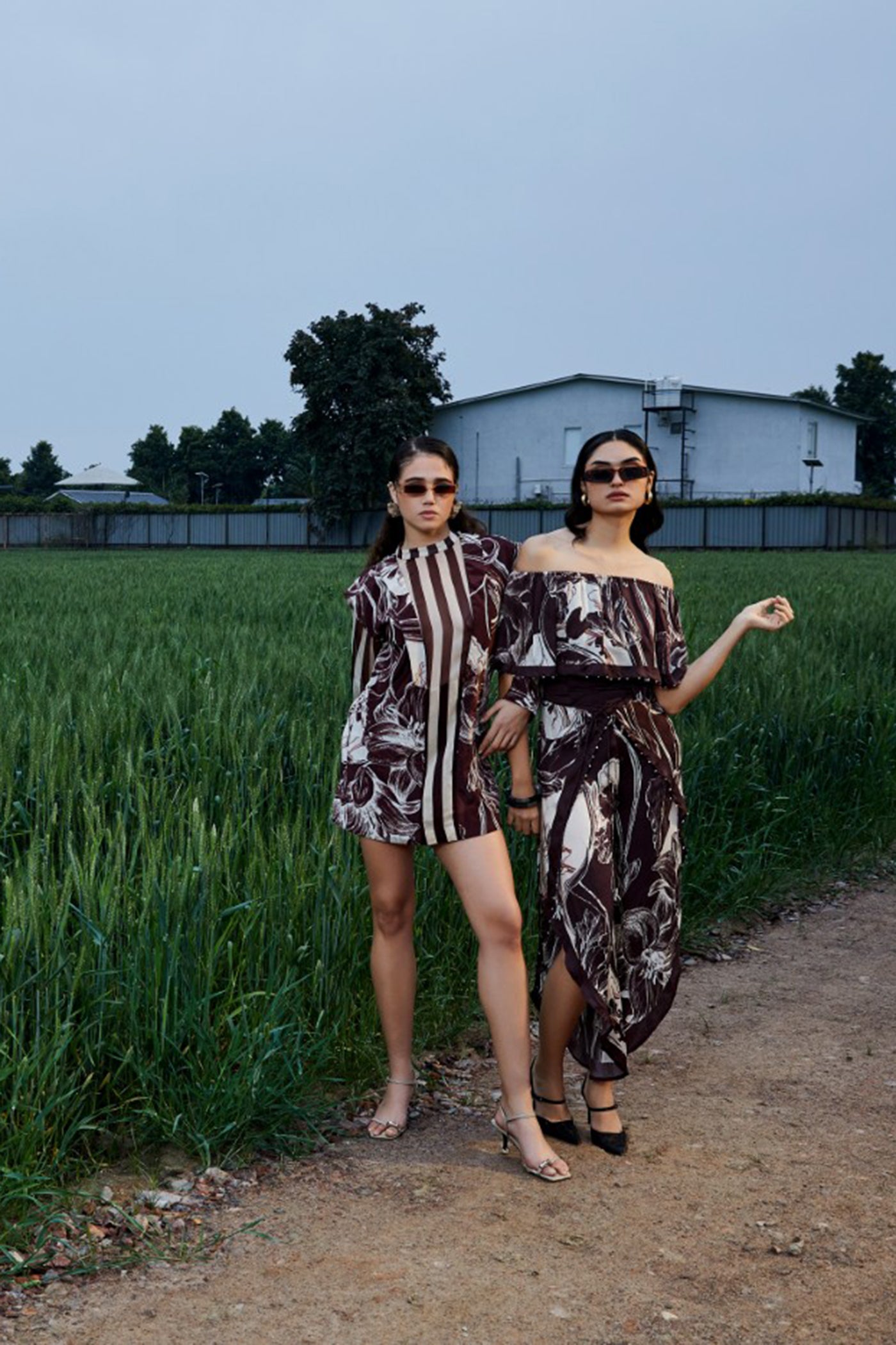 CRUNK BROWN ABSTRACT PRINTED SHEER BLAZER DRESS