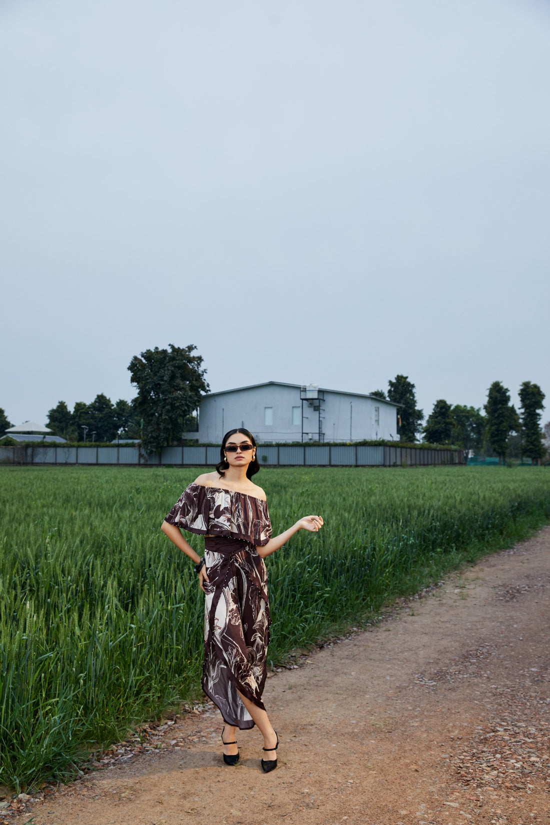 CRUNK BROWN ABSTRACT PRINTED OFF SHOULDER TOP