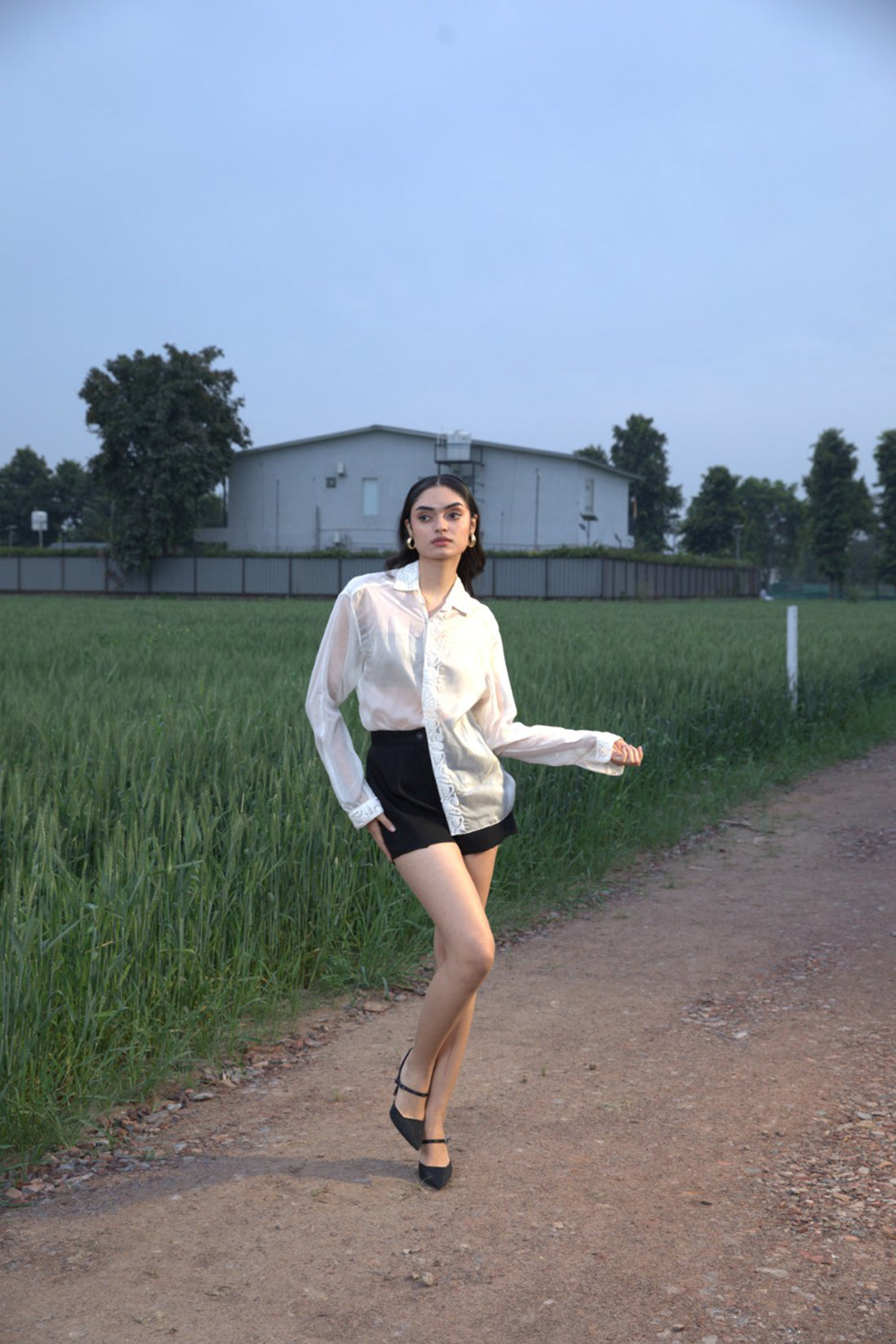 CRUNK OFF WHITE SHEER EMBELLISHED SHIRT