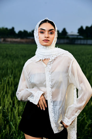 CRUNK OFF WHITE SHEER EMBELLISHED SHIRT